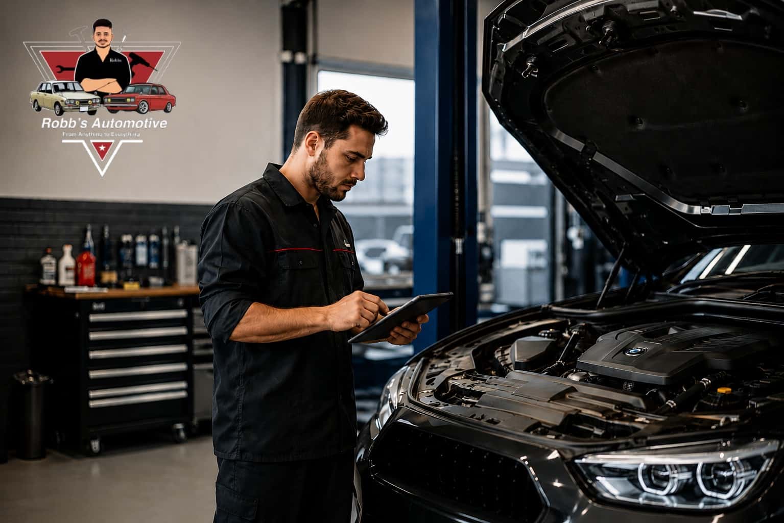 Robbs Automotive Mechanic diagnosing a European car in a modern Canberra auto workshop